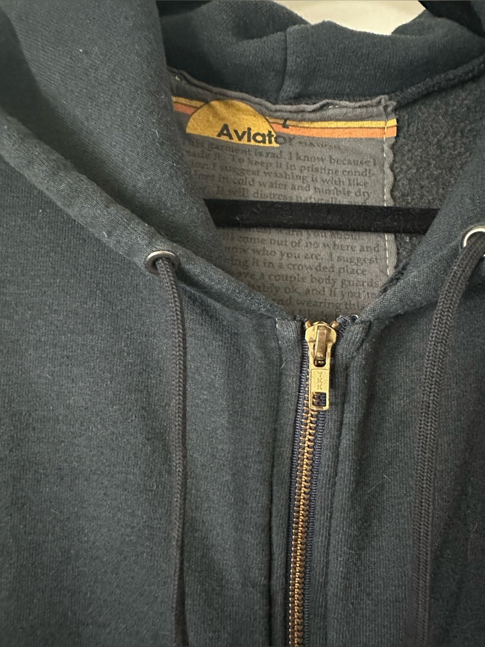 Aviator Nation Navy Gold Bolt Zip Hoodie Women’s Large Raw Edge Sleeves - Picture 4 of 15